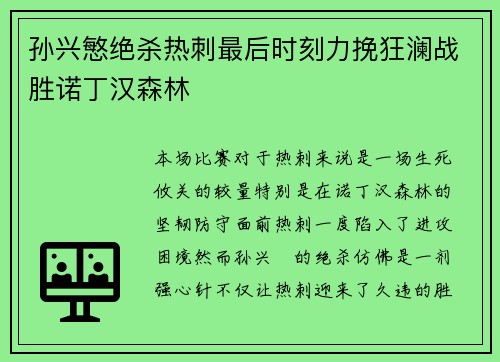 孙兴慜绝杀热刺最后时刻力挽狂澜战胜诺丁汉森林