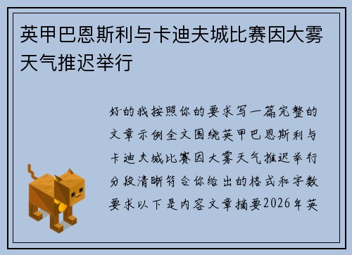 英甲巴恩斯利与卡迪夫城比赛因大雾天气推迟举行
