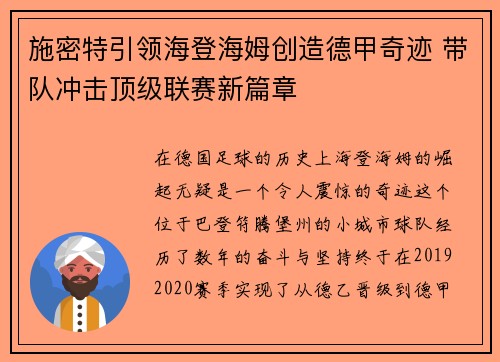 施密特引领海登海姆创造德甲奇迹 带队冲击顶级联赛新篇章 施密特引领海登海姆创造德甲奇迹 带队冲击顶级联赛新篇章